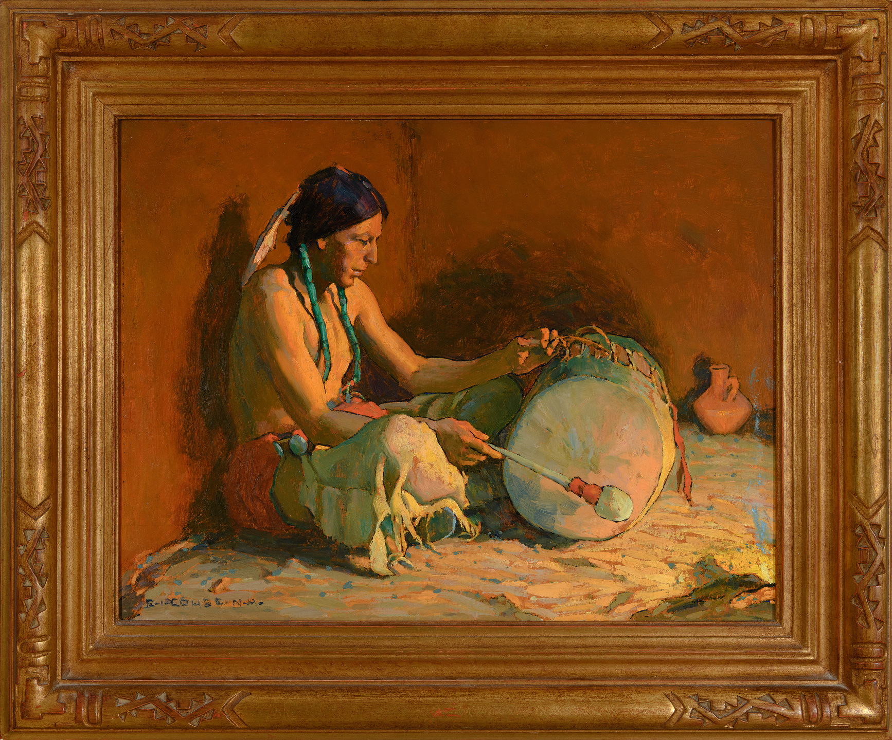 Couse Coeur d’Alene Art Auction – Eanger Irving Couse, Firelight Drummer (1930)